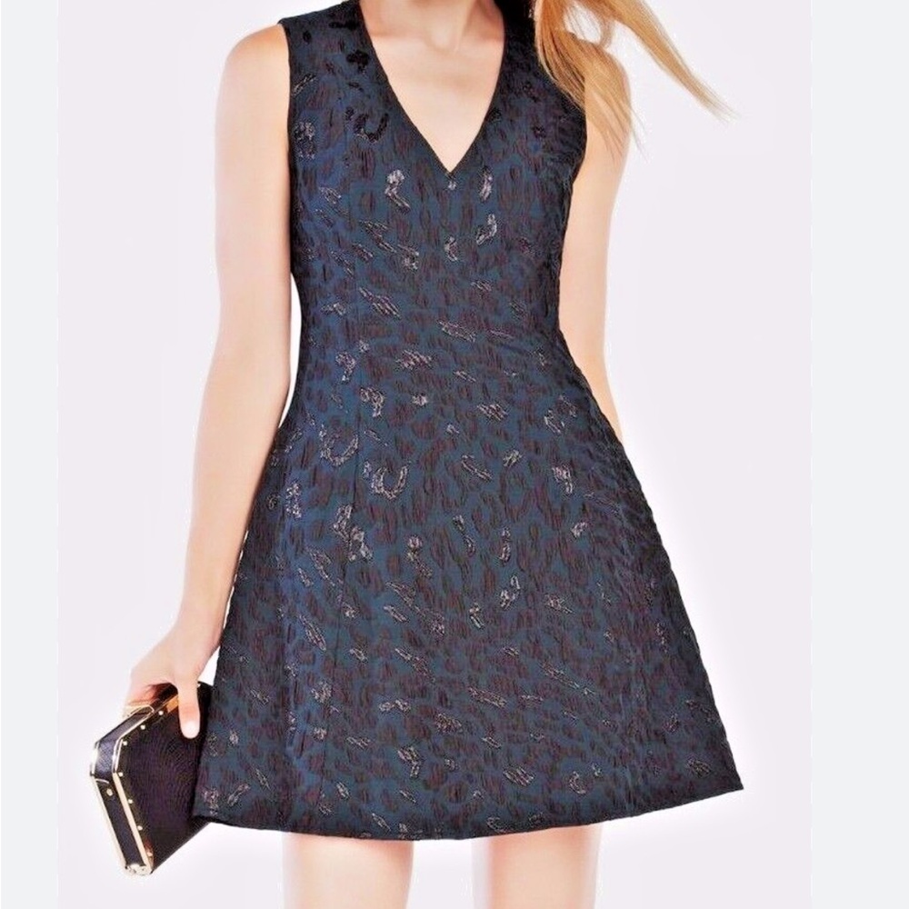 BCBGMaxAzria green black jacquard Sleeveless V-Neck fit‎ & flare Mini Dress Sz 0